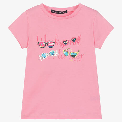 Week-end à la mer-Girls Pink Cotton Sunglasses T-Shirt | Childrensalon Outlet
