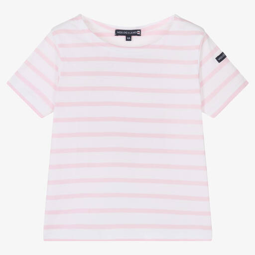 Week-end à la mer-Girls Pink & White Breton Stripe T-Shirt | Childrensalon Outlet
