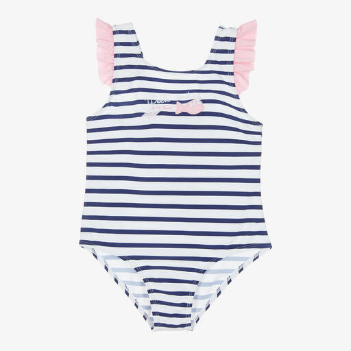 Week-end à la mer-Girls White & Blue Breton Stripe Swimsuit | Childrensalon Outlet