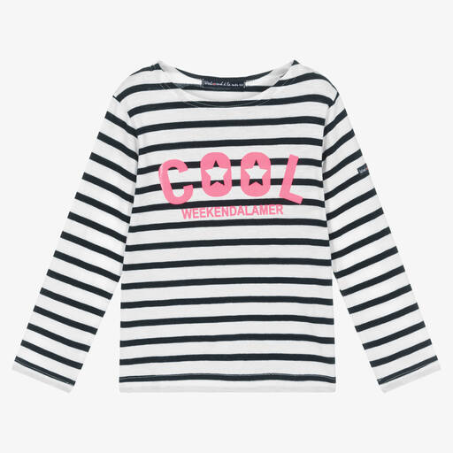 Week-end à la mer-Girls White Breton Striped Top | Childrensalon Outlet