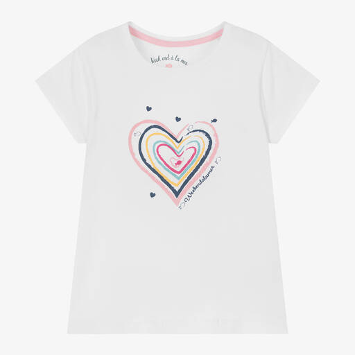Week-end à la mer-Girls White Cotton Heart T-Shirt | Childrensalon Outlet