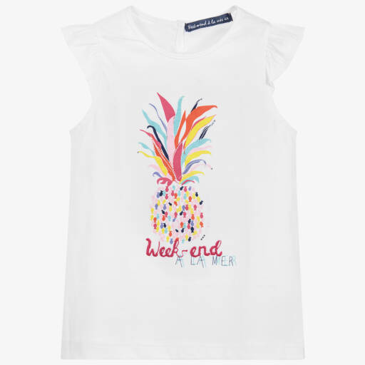 Week-end à la mer-Girls White Cotton T-Shirt | Childrensalon Outlet