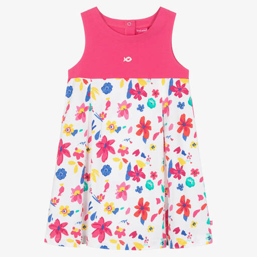 Week-end à la mer-Girls White & Pink Floral Cotton Dress | Childrensalon Outlet