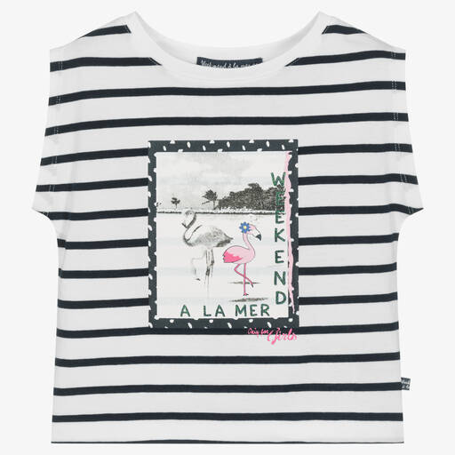 Week-end à la mer-Girls White Striped Flamingo T-Shirt | Childrensalon Outlet