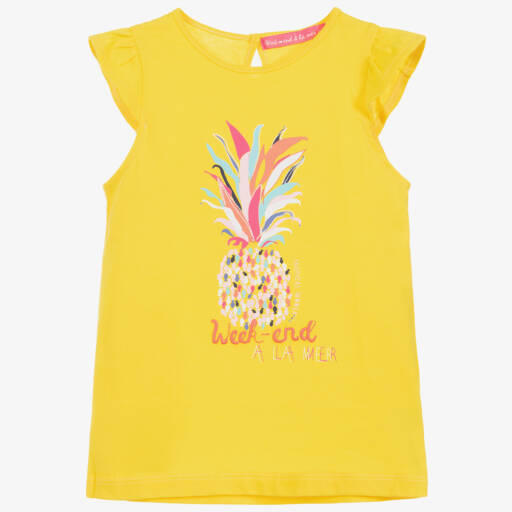 Week-end à la mer-Girls Yellow Cotton T-Shirt | Childrensalon Outlet