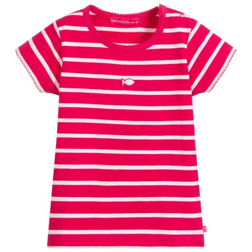 Week-end à la mer-تيشيرت قطن مقلم لون زهري وأبيض للبنات | Childrensalon Outlet