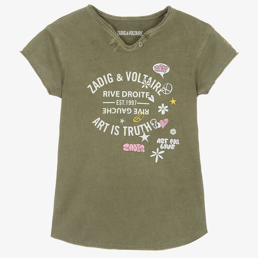 Zadig&Voltaire-Girls Green Cotton Henley Logo T-Shirt | Childrensalon Outlet