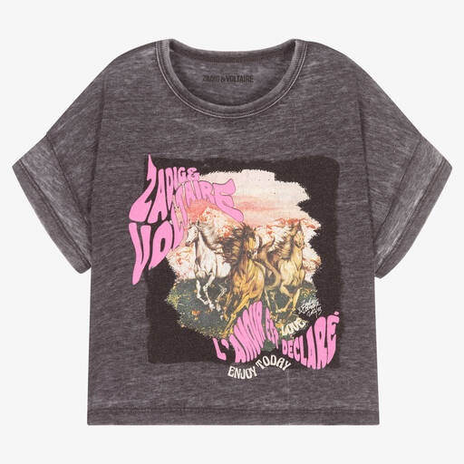 Zadig&Voltaire-تيشيرت تينز بناتي قطن جيرسي لون رمادي | Childrensalon Outlet