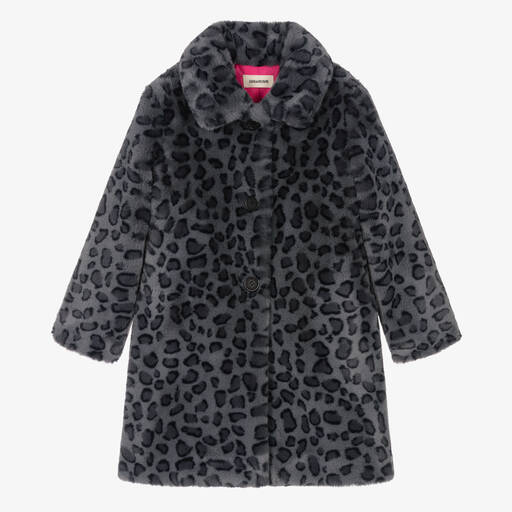 Zadig&Voltaire-معطف تينز بناتي فرو صناعي رمادي بطبعة الفهد | Childrensalon Outlet