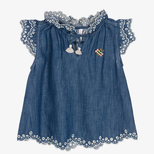 Zimmermann-Girls Blue Embroidered Denim Blouse | Childrensalon Outlet