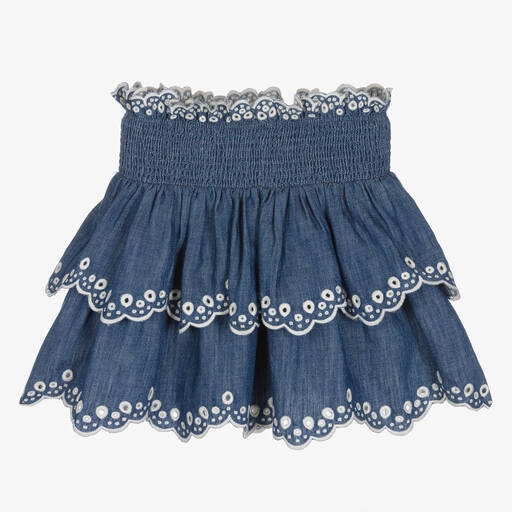 Zimmermann-Girls Blue Embroidered Denim Skirt | Childrensalon Outlet