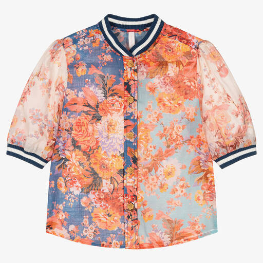 Zimmermann-Girls Blue & Orange Floral Cotton Blouse | Childrensalon Outlet