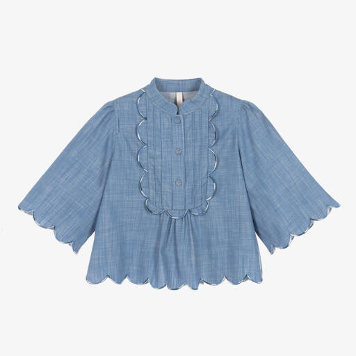 Zimmermann-Girls Blue Scalloped Chambray Blouse | Childrensalon Outlet