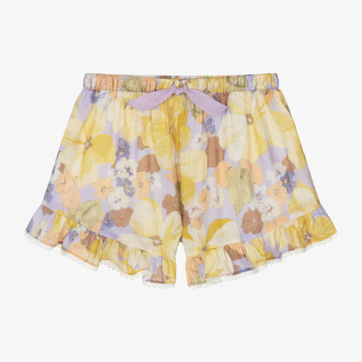 Zimmermann-شورت بطبعة ورود قطن لون بنفسجي وأصفر للبنات | Childrensalon Outlet