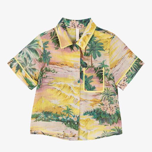 Zimmermann-Girls Yellow Cotton Palm Tree Shirt | Childrensalon Outlet