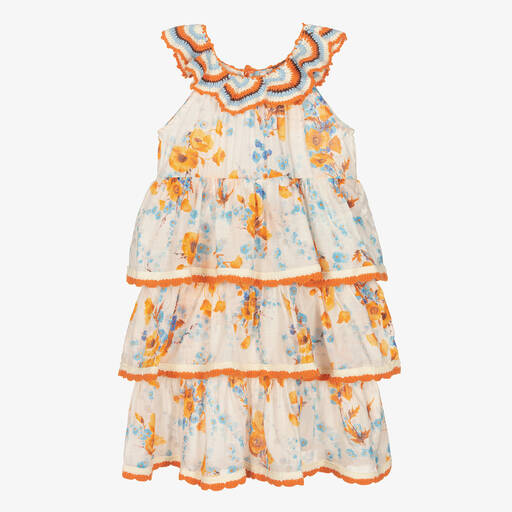Zimmermann-فستان قطن وكروشيه لون عاجي بطبعة ورود | Childrensalon Outlet