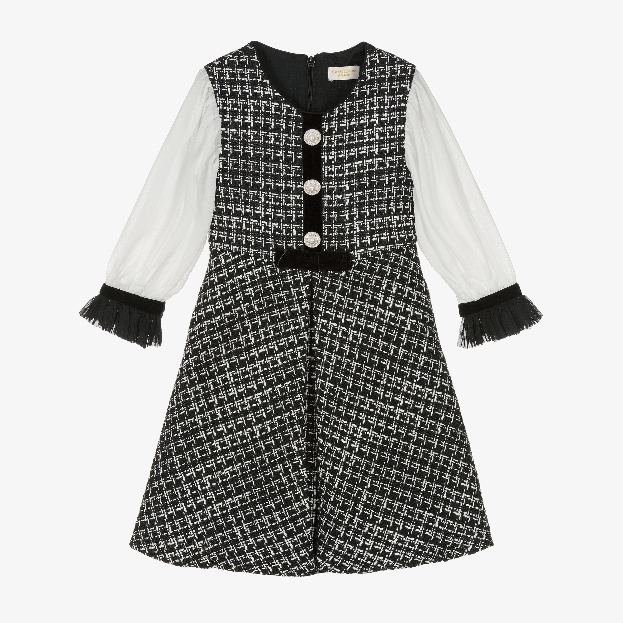 David Charles - Girls Black & White Tweed Dress | Childrensalon Outlet
