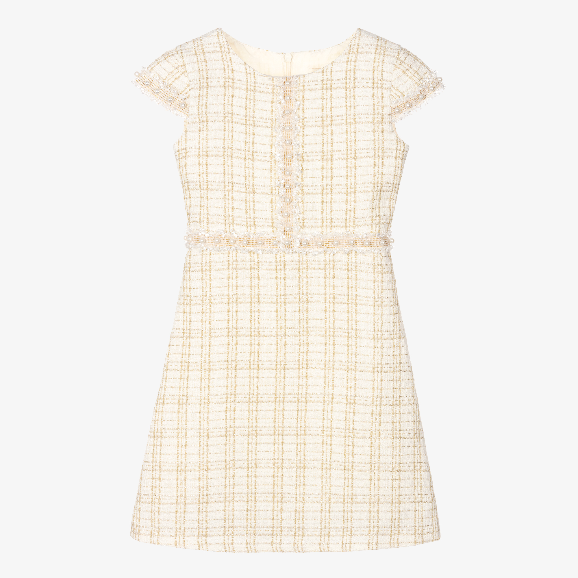 David Charles - Girls Ivory & Gold Tweed Pearl Dress | Childrensalon Outlet