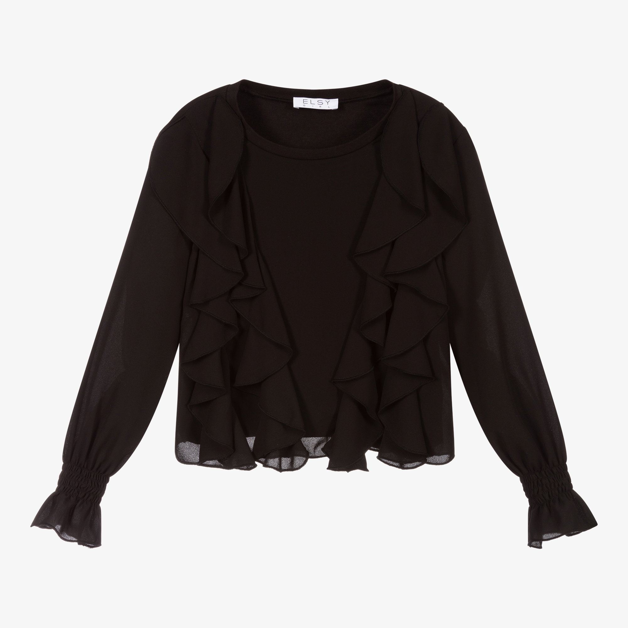 Ladies black sales ruffle blouse