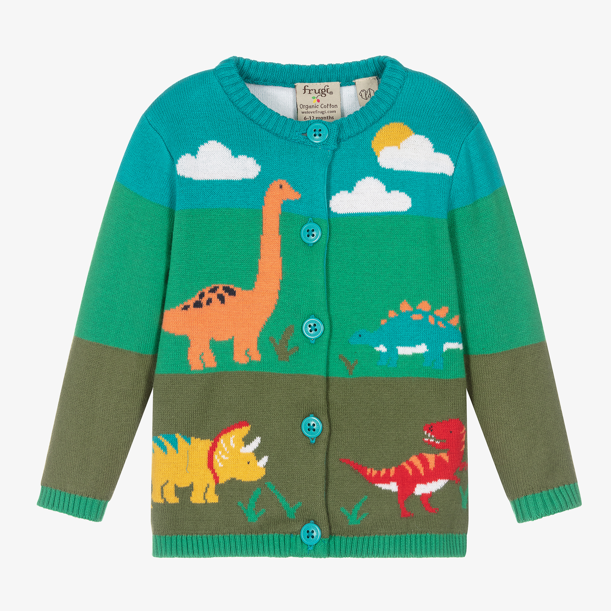 Frugi - Green Organic Cotton Knit Dinosaur Cardigan | Childrensalon Outlet