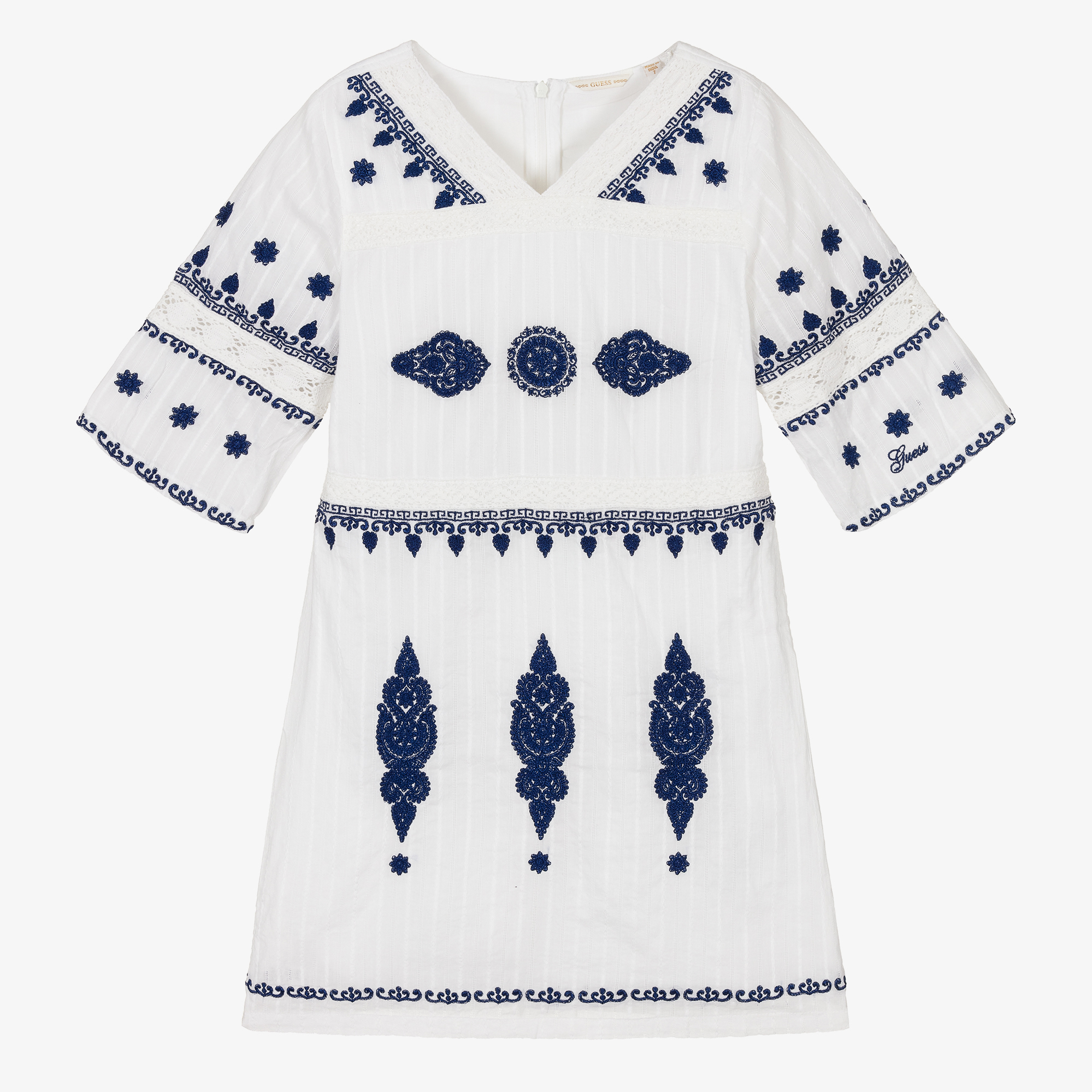 guess blue and white dress Guess Girls Mixed Fabric Dress in Blue main image 0