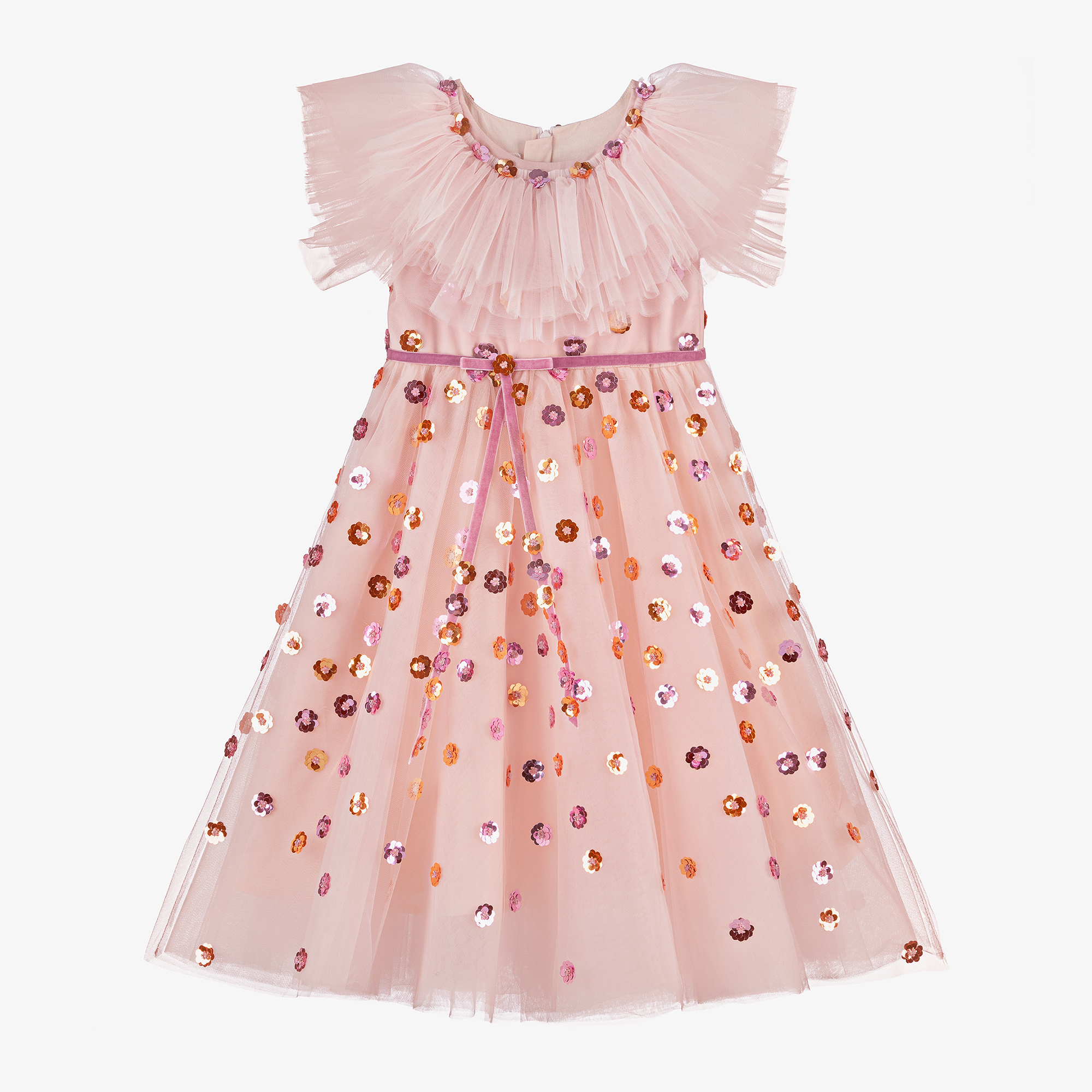Junona - Girls Pink Sequin Flower Tulle Dress