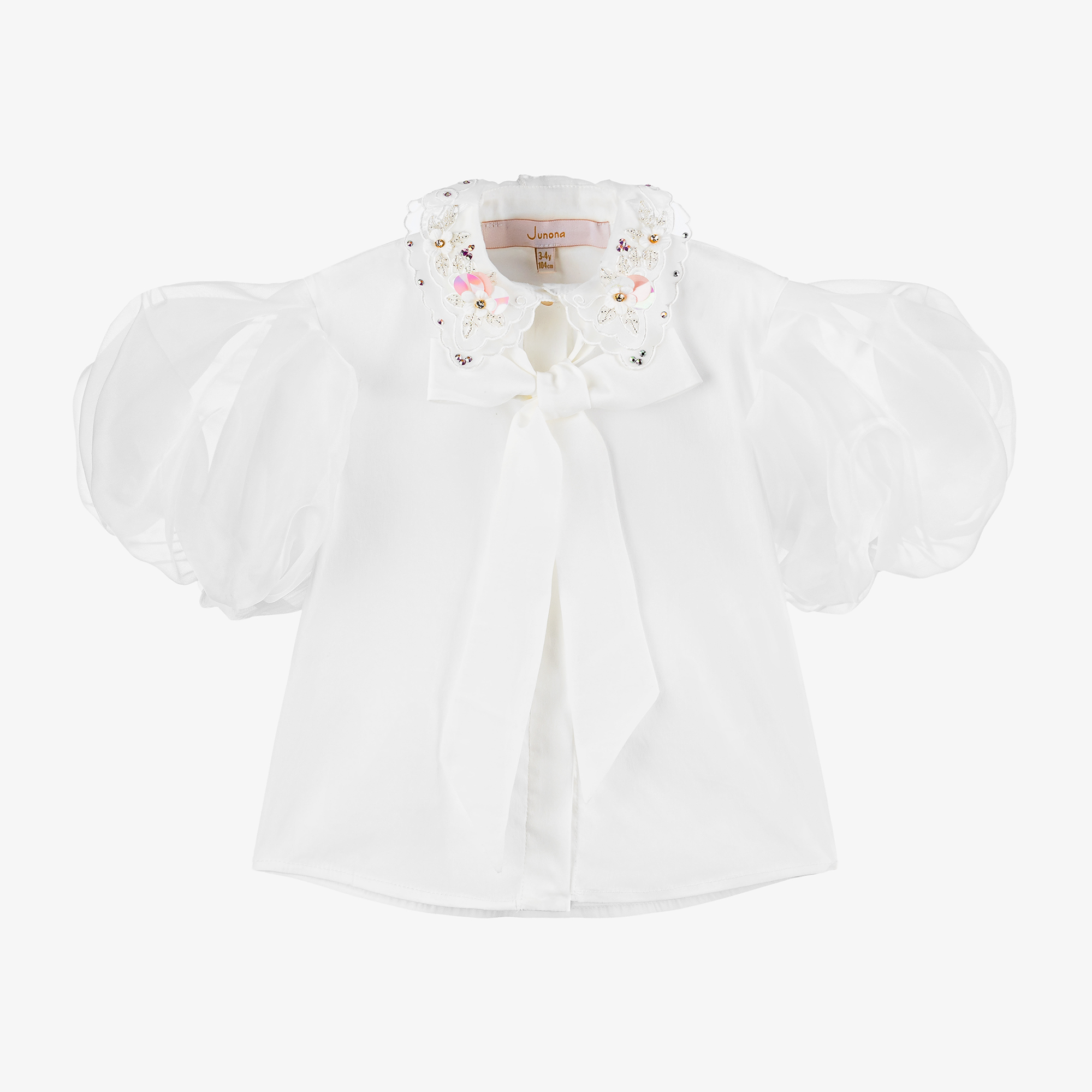 Junona - Girls White Cotton & Organza Blouse | Childrensalon