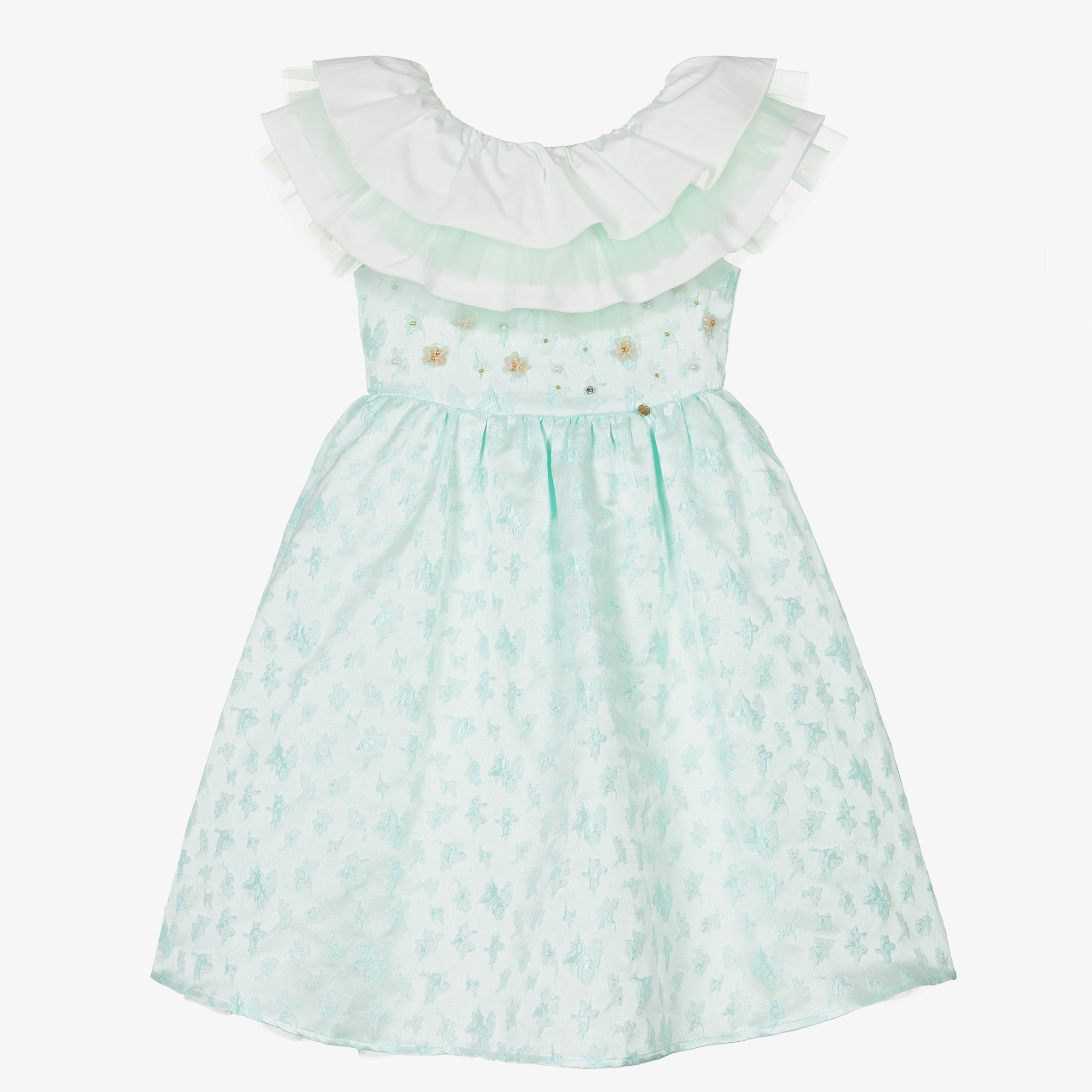 Le Mu - Girls Green Satin Jacquard Dress | Childrensalon Outlet