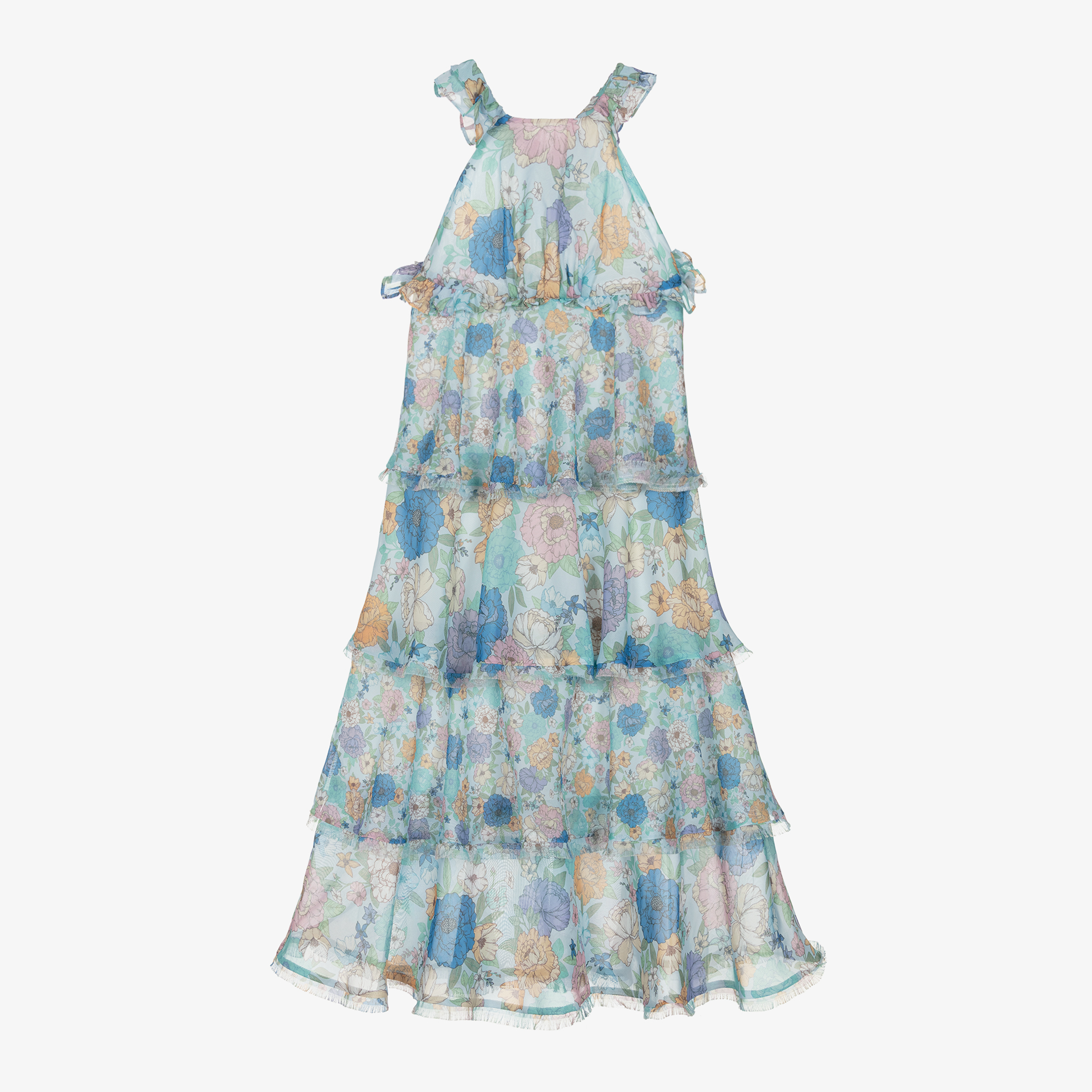 Marlo Kids - Girls Pale Blue Floral Chiffon Maxi Dress