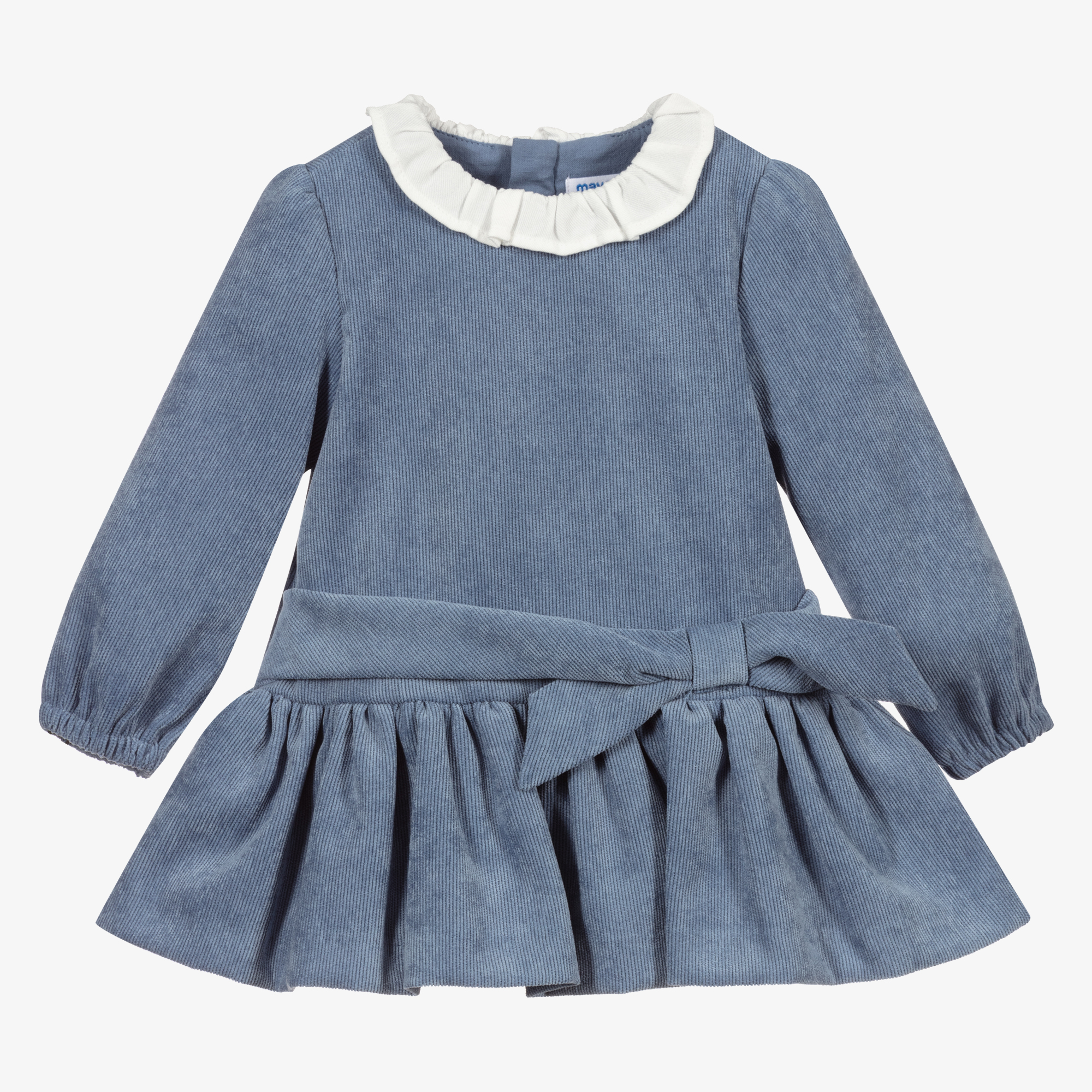 corduroy dress blue Aspiga Ladies Sustainable Victoria Round Neck 3/4 Sleeve Stretch Corduroy  Cotton Winter Wedding Guest Evening Dress Atlantic Blue