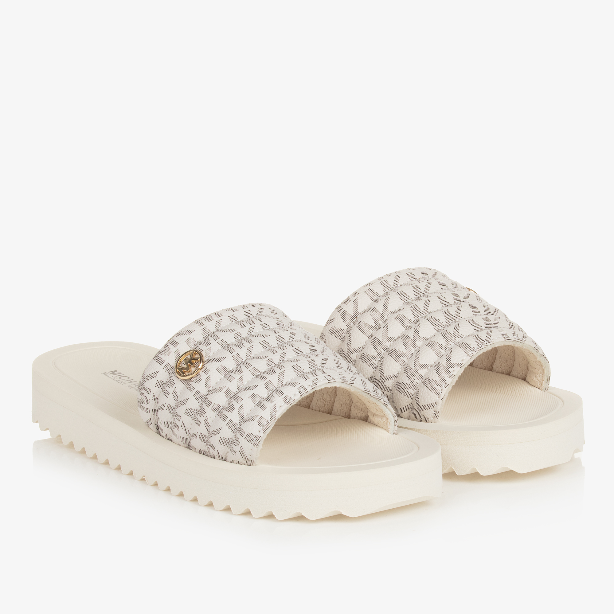 Michael Kors Kids Teen Girls Ivory Monogram Sliders