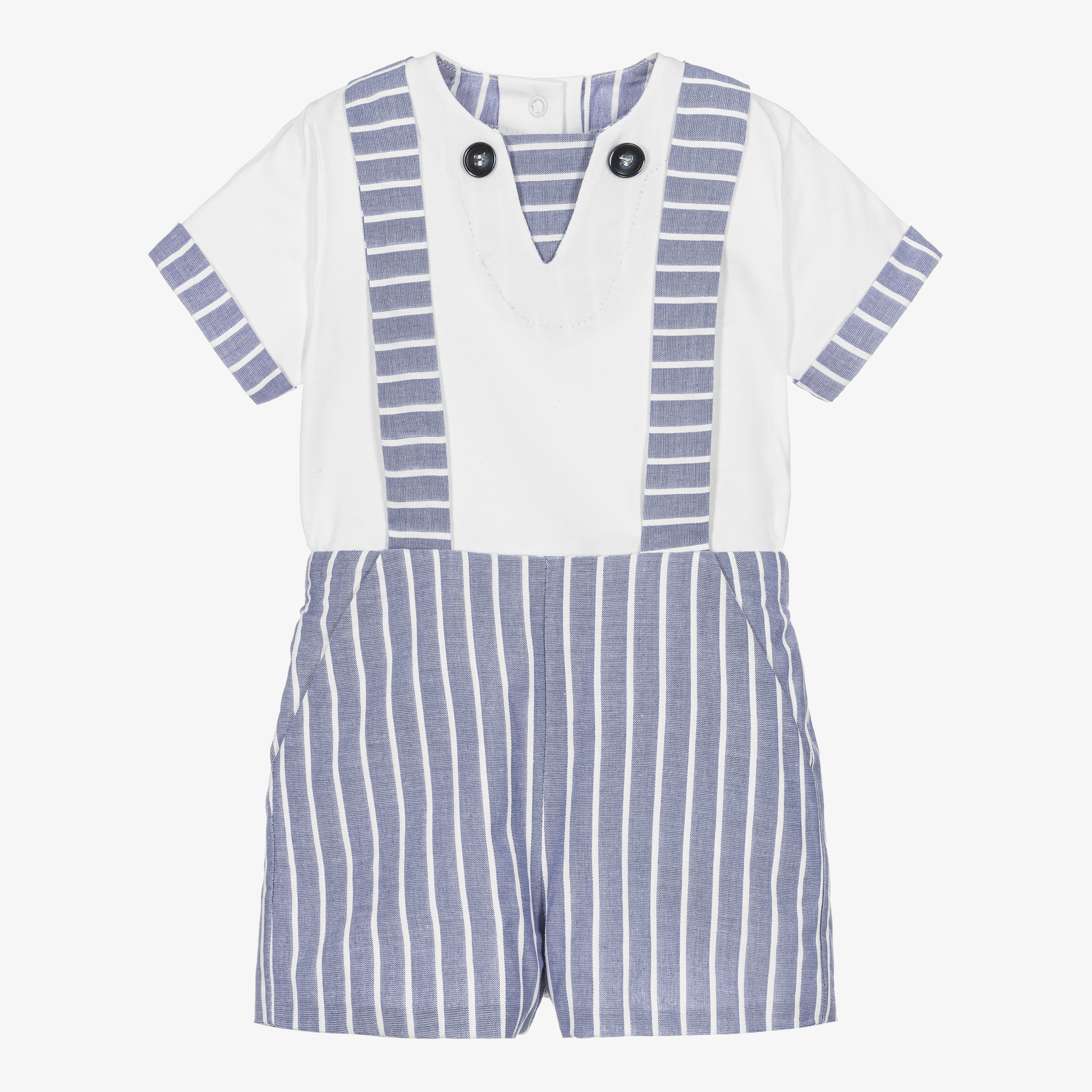 Blue and white striped overalls best sale shorts