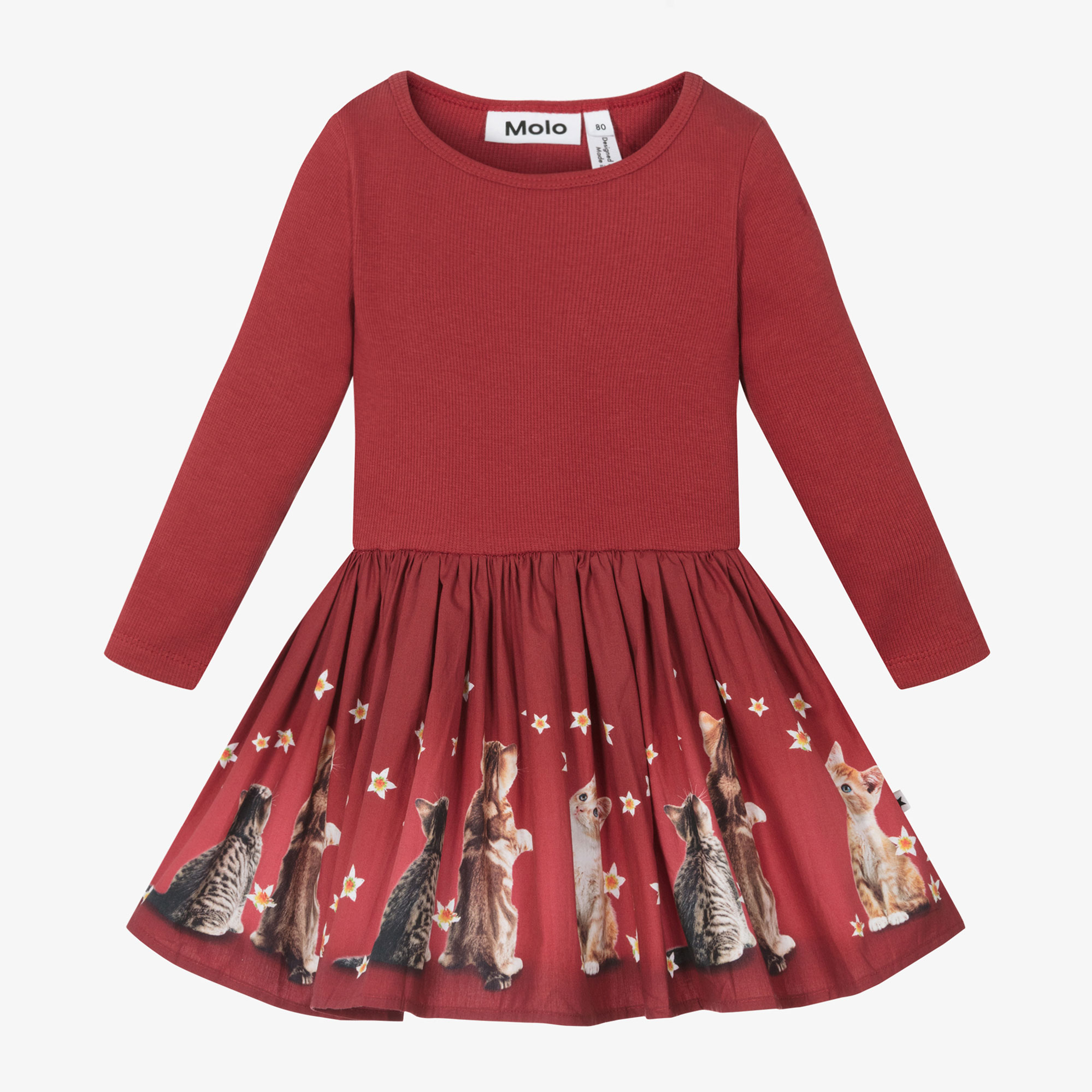 Molo - Girls Burgundy Kitten Print Dress | Childrensalon Outlet