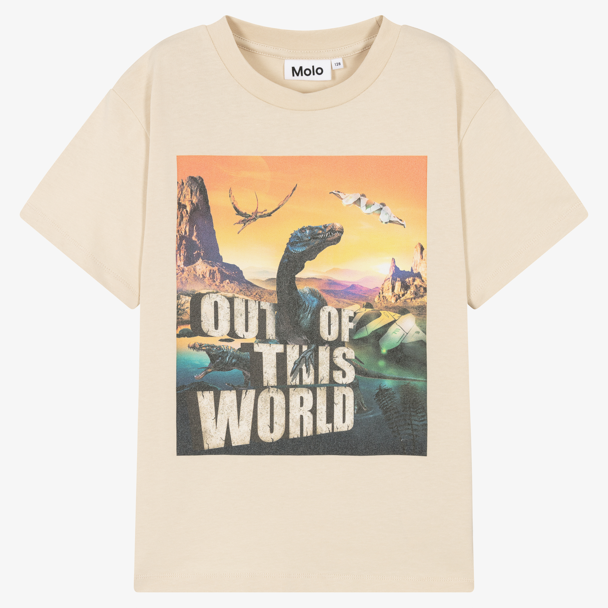teens-boy-world.com Molo - Teen Boys Beige Cotton T-Rex World T-Shirt | Childrensalon Outlet