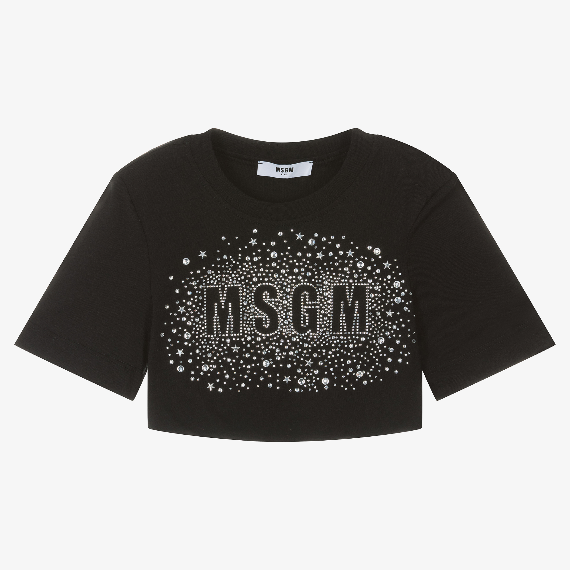 MSGM - Girls Black Cropped Diamanté T-Shirt | Childrensalon Outlet
