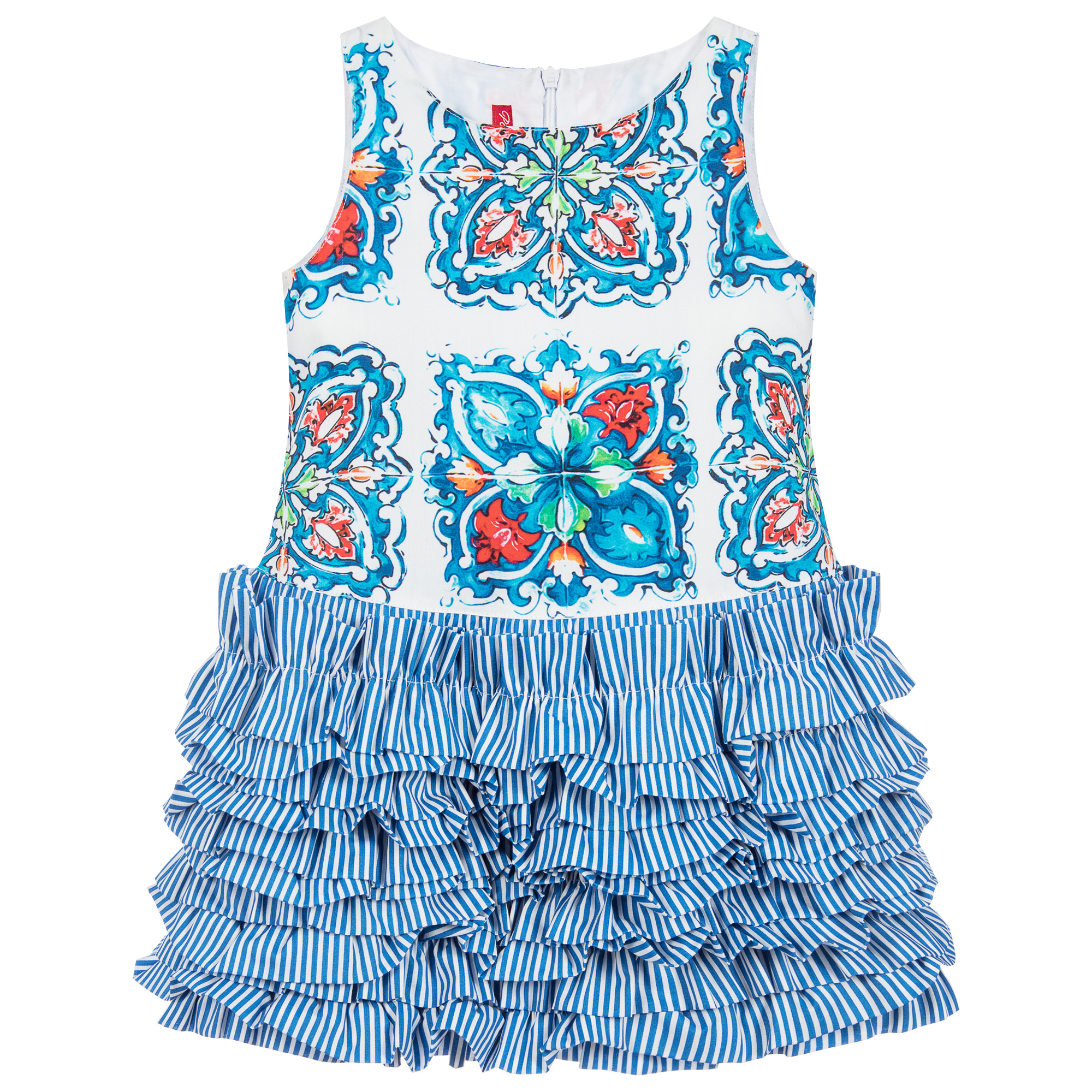 Blue Tile Print Ruffle Dress 