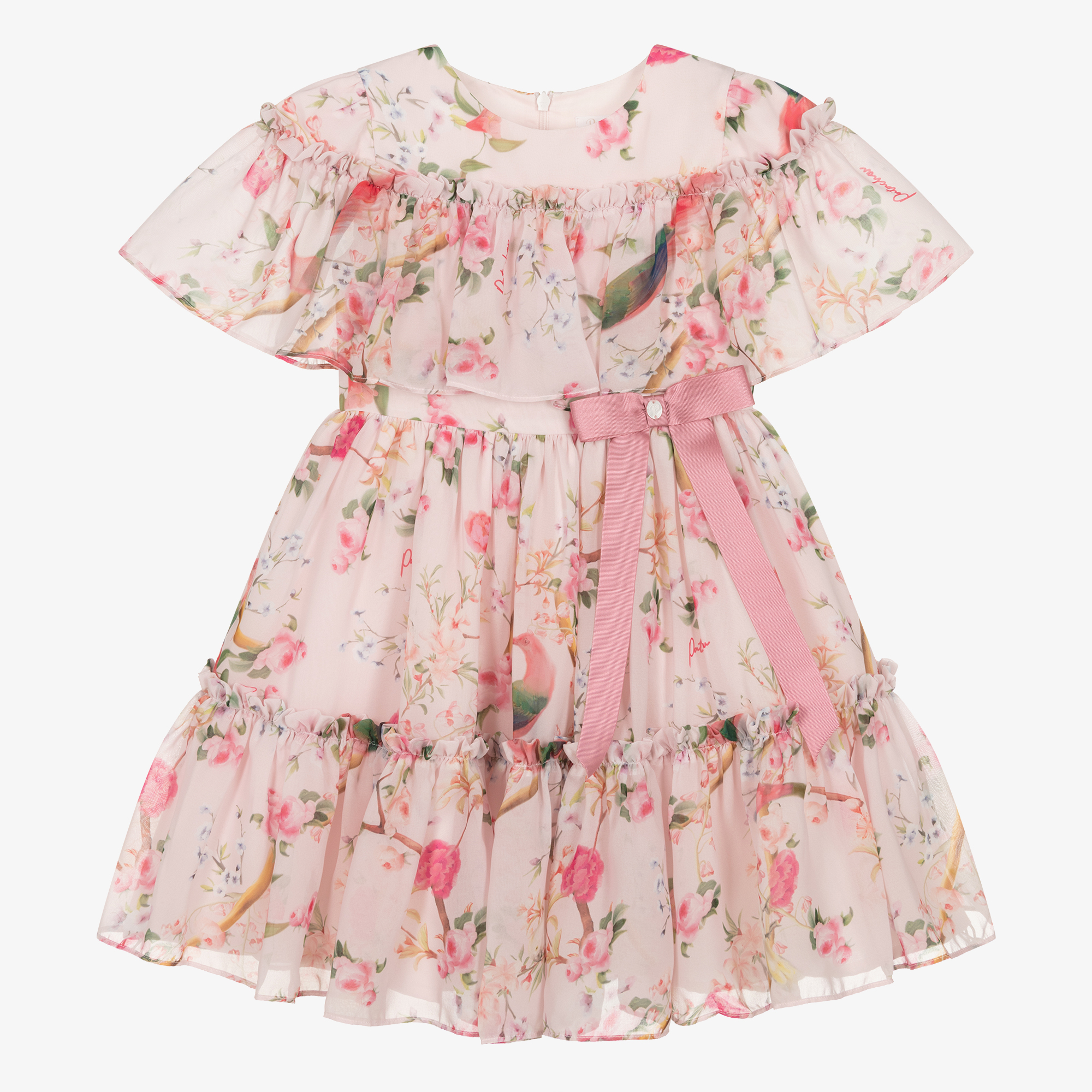 Patachou - Girls Pink Floral Birds Chiffon Dress | Childrensalon Outlet