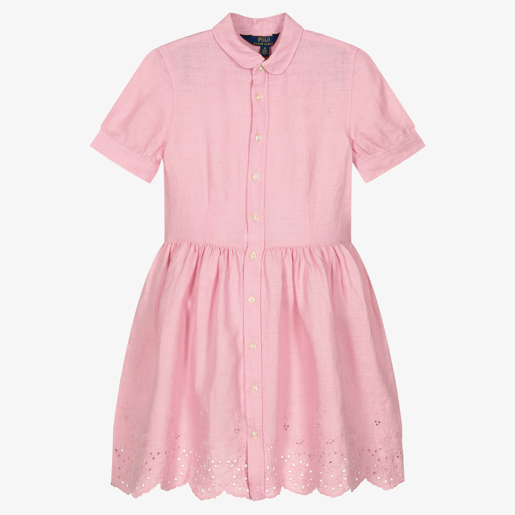 Ralph Lauren Girls Pink Linen Broderie Anglaise Dress