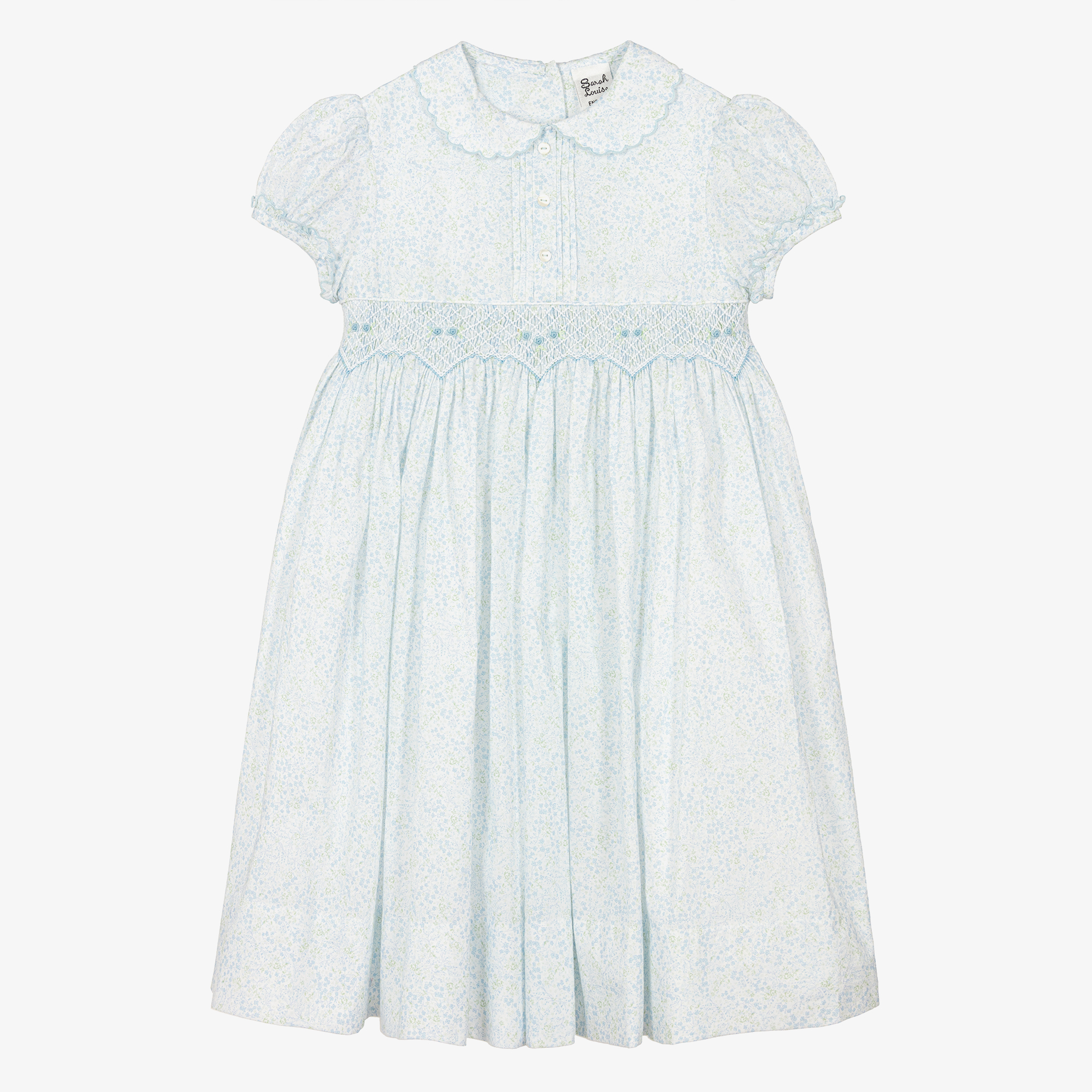 Sarah Louise - Girls Blue Floral Hand-Smocked Cotton Dress 