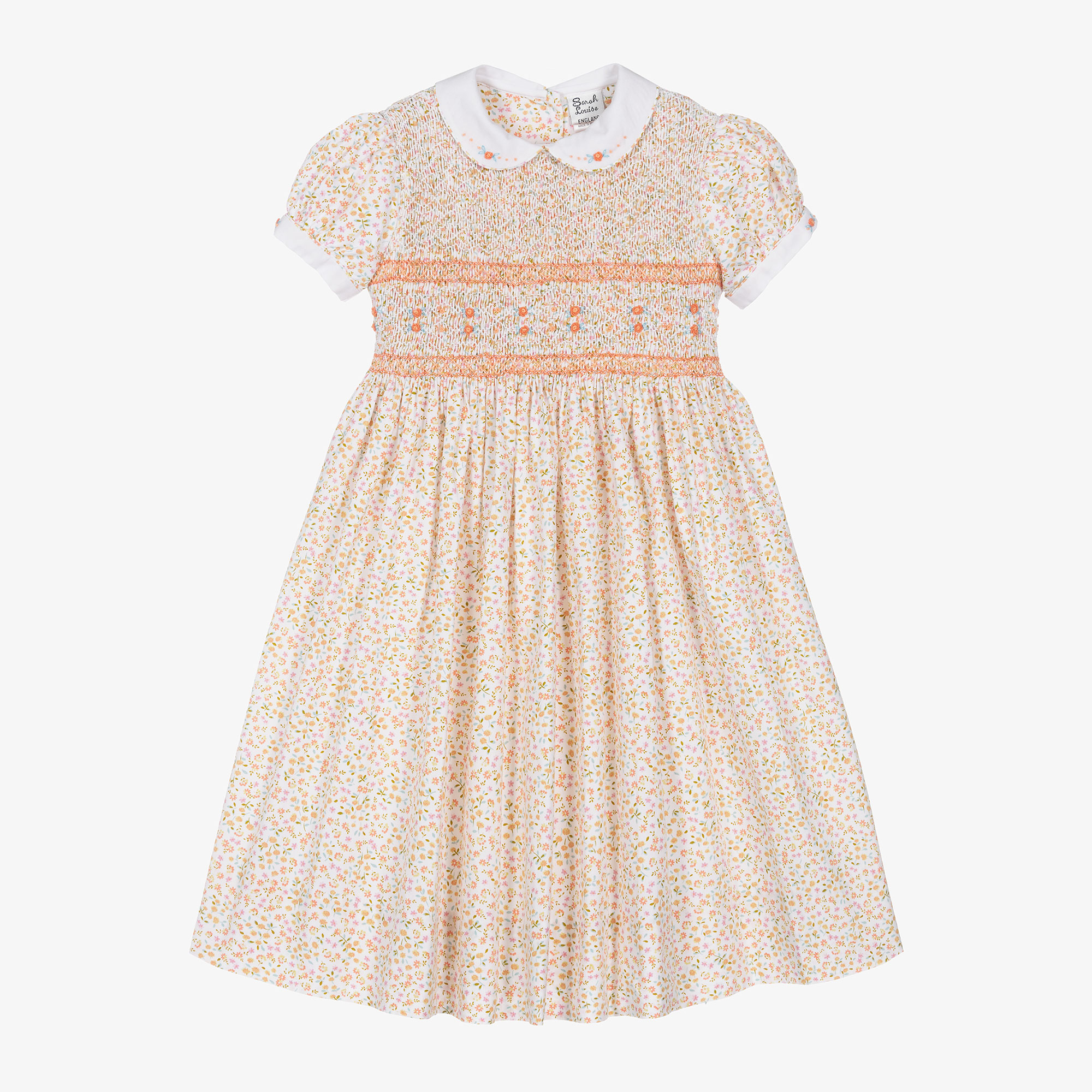 Sarah Louise - Girls Ivory Floral Smocked Cotton Dress