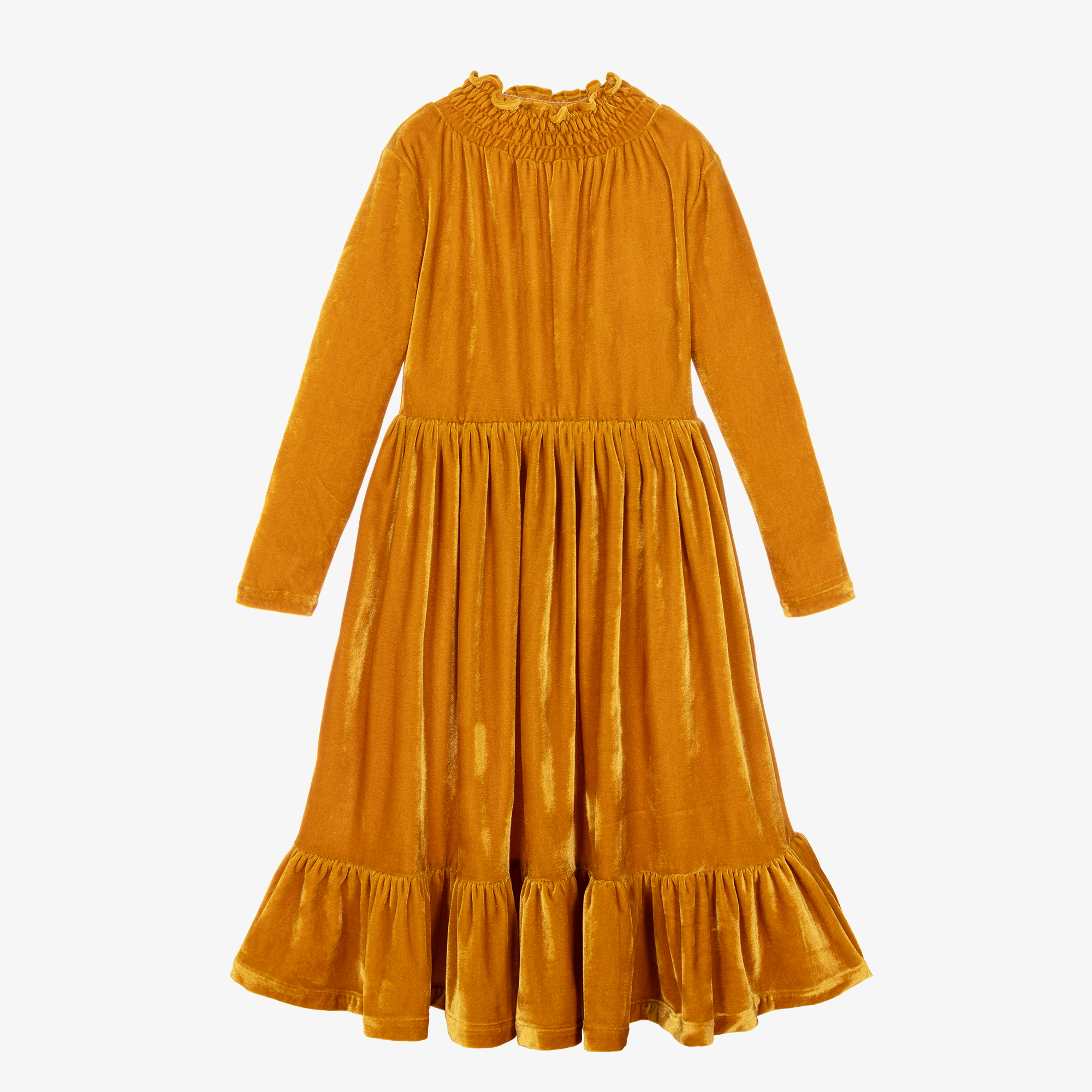 The Middle Daughter - Girls Ochre Velour Tiered Dress