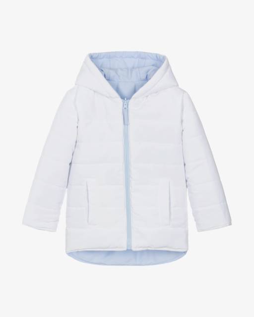 Mintini Baby-Boys White & Blue Reversible Hooded Puffer Jacket | Childrensalon Outlet