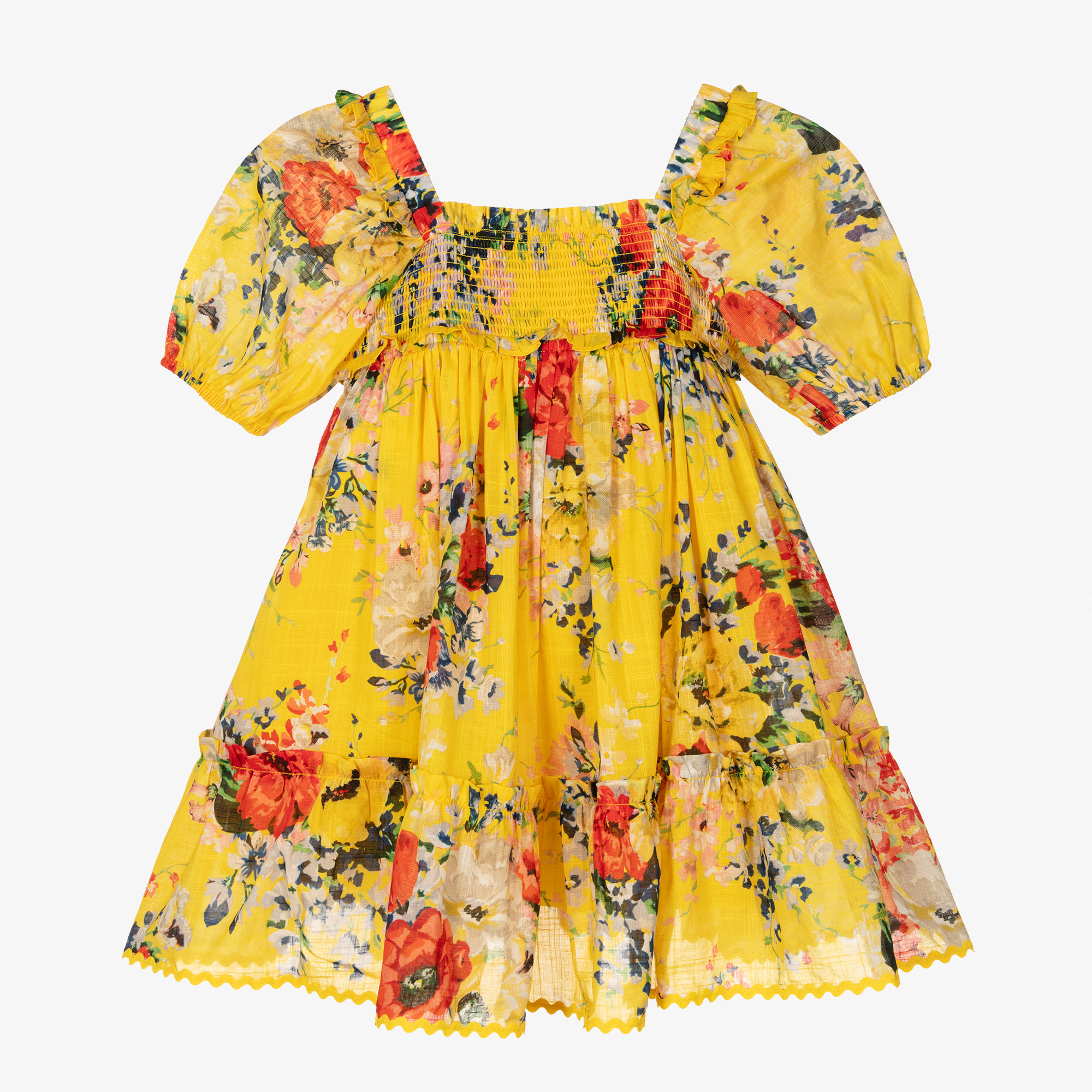 Zimmermann Girls Yellow Floral Shirred Cotton Dress
